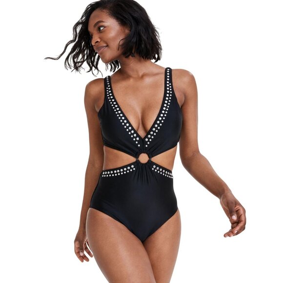 NWT Bar III Womens Tell Me About It Studded One Piece Swimsuit Black / Silver S - Picture 1 of 6